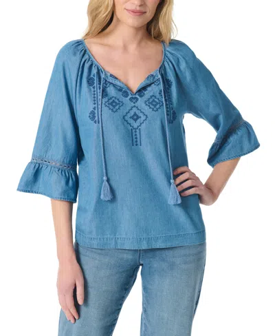 Gloria Vanderbilt Women's Peasant Embroidery Top In Blue