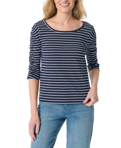 Gloria Vanderbilt Women's Striped Round Neck Ruched-sleeve Tunic Top In Blue