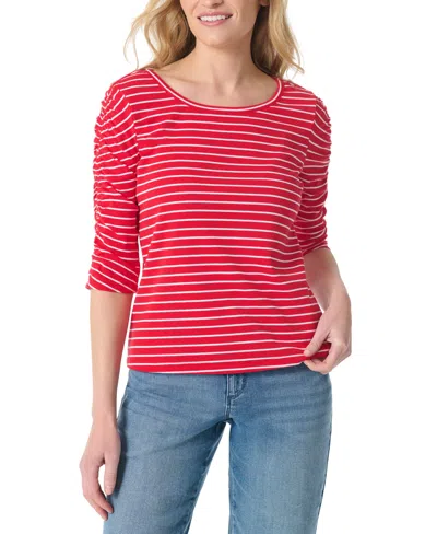 Gloria Vanderbilt Women's Striped Round Neck Ruched-sleeve Tunic Top In Red