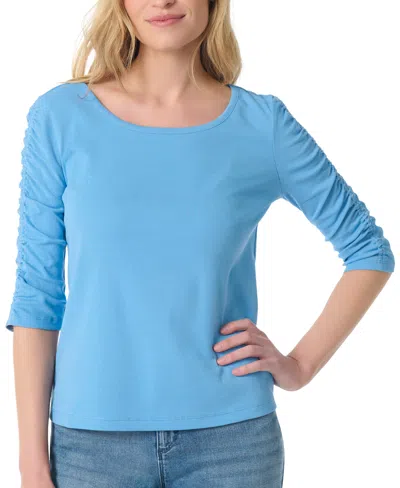 Gloria Vanderbilt Women's Striped Round Neck Ruched-sleeve Tunic Top In Cool Lagoon