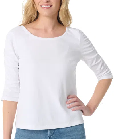 Gloria Vanderbilt Women's Striped Round Neck Ruched-sleeve Tunic Top In Vintage White