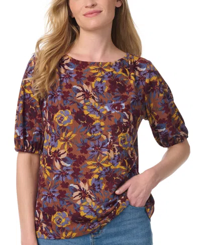 Gloria Vanderbilt Women's Tyler Boat-neck Elbow-sleeve Print T-shirt In Heirloon Garden Brunette