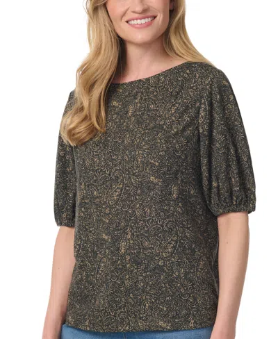 Gloria Vanderbilt Women's Tyler Boat-neck Elbow-sleeve Print T-shirt In Olive Viridian