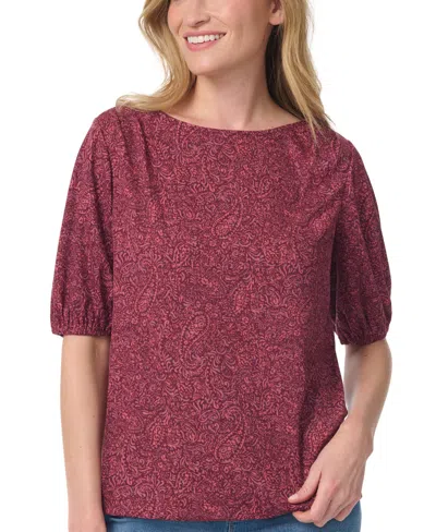 Gloria Vanderbilt Women's Tyler Boat-neck Elbow-sleeve Print T-shirt In Zinfandel Wine