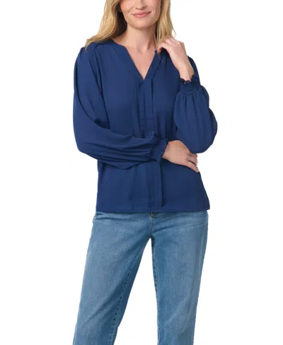 Gloria Vanderbilt Women's V-neck Long-bishop-sleeve Pull-on Blouse In Blue