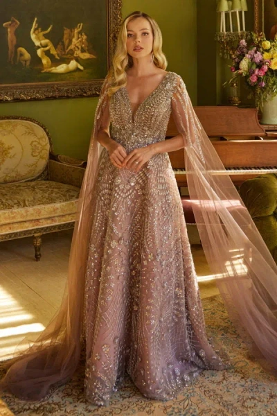Gls A Line Long Formal Sequin Cape Sleeve Dress