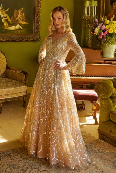Gls A Line Long Sleeve Sequin Formal Dress In Gold