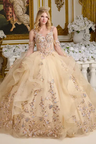 Gls Ball Gown Long Ruffle Sequin Quinceanera Dress In Gold