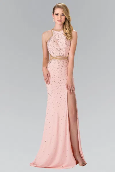 Gls Beaded High-neck Long Prom Dress Accented With Slit In Pink