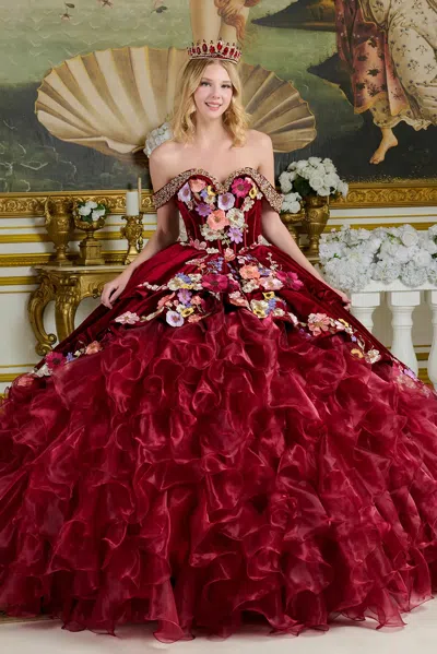 Gls Beaded Long Ball Gown Corset Quinceanera Dress In Burgundy