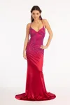 Gls Beaded Long Satin Mermaid Prom Dress In Burgundy