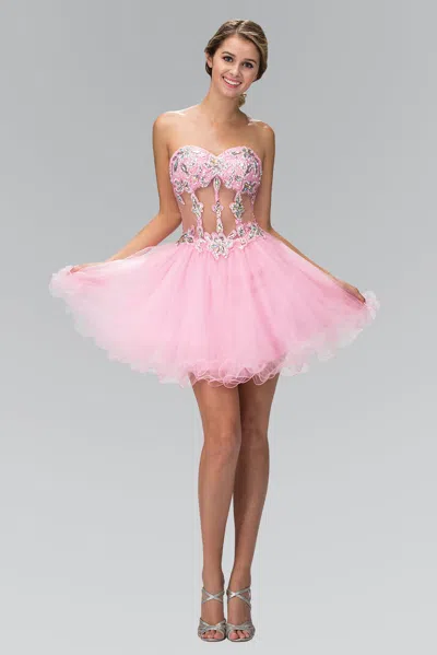 Gls Beaded Strapless Sequined Tulle Short Prom Dress In Pink