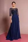 Gls Beads Embellished Bodice Chiffon Long Dress In Blue