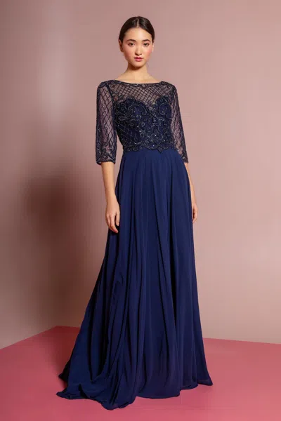 Gls Beads Embellished Bodice Chiffon Long Dress In Blue