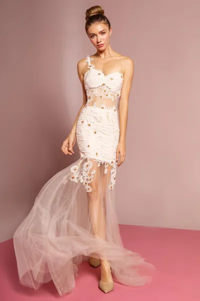 Gls Beige One Shoulder Strap Prom Dress With Beaded Detail In Pink