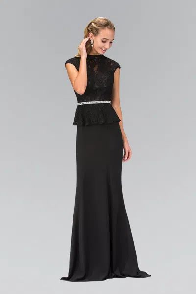 Gls Black Cap Sleeve Peplum Evening Long Dress In Multi