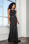 Gls Black Halter Evening Long Dress With Beaded Neckline In Black