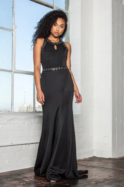 Gls Black Halter Evening Long Dress With Beaded Neckline