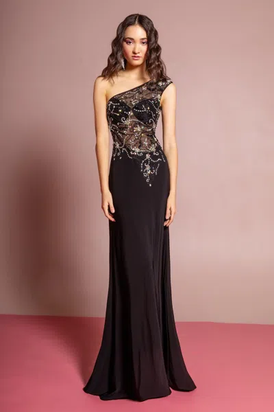 Gls Black One Shoulder Beaded Prom Dress