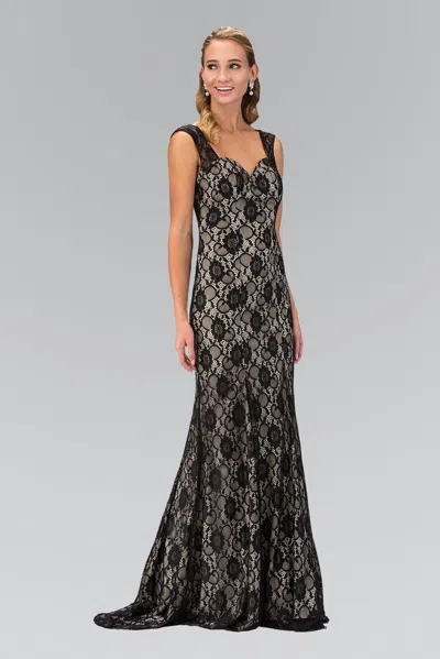 Gls Black/nude Sleeveless Long Formal Evening Lace Dress In Brown