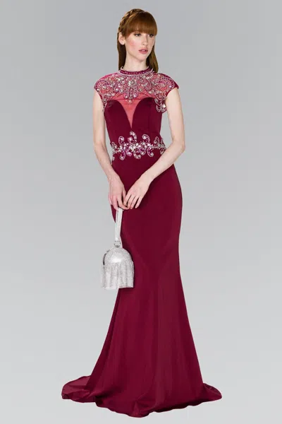 Gls Burgundy Cap Sleeve Open Back Formal Gown