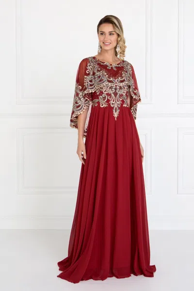 Gls Burgundy Long Formal Cape Sleeves Dress
