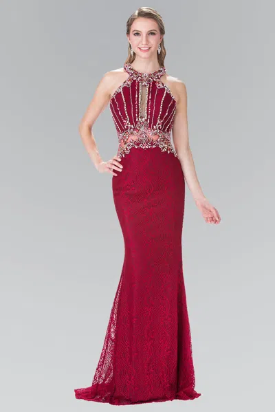 Gls Burgundy Long Halter Formal Lace Dress