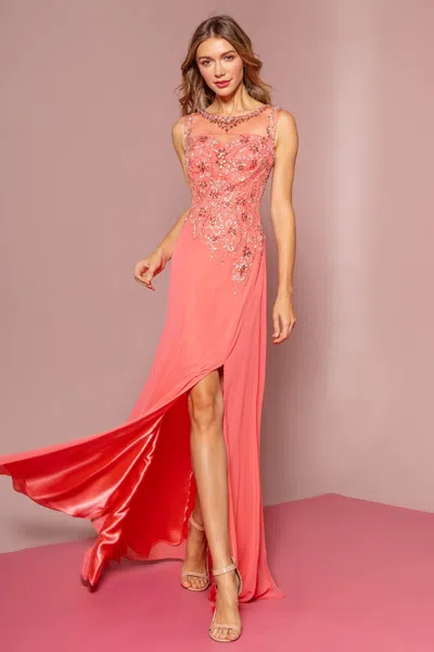 Gls Coral Beaded Chiffon Evening Dress In Orange