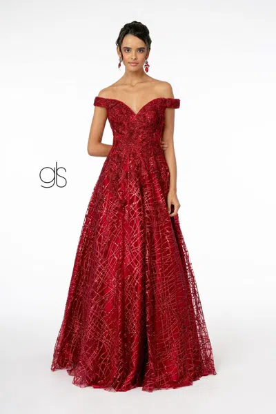 Gls Embellished Mesh A-line Long Prom Dress In Burgundy