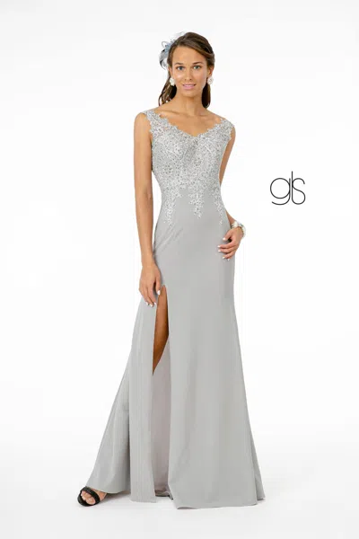 Gls Embroidered Bodice Jersey Long Prom Dress In Silver