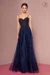 Gls Embroidered Bodice Navy Prom Dress With Glitter Mesh Skirt In Blue