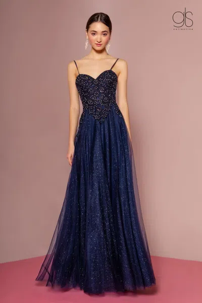 Gls Embroidered Bodice Navy Prom Dress With Glitter Mesh Skirt In Blue