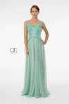 Gls Embroidered Bodice V-neck Long Formal Dress In Green