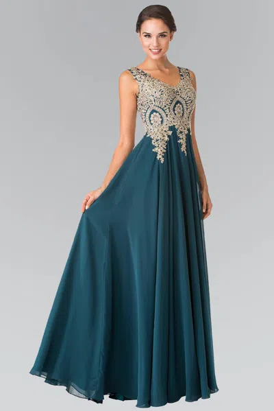 Gls Embroidered Chiffon Long Prom Dress In Blue