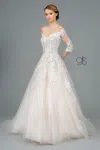 Gls Embroidered Glitter Mesh V-neck Wedding Long Gown In White