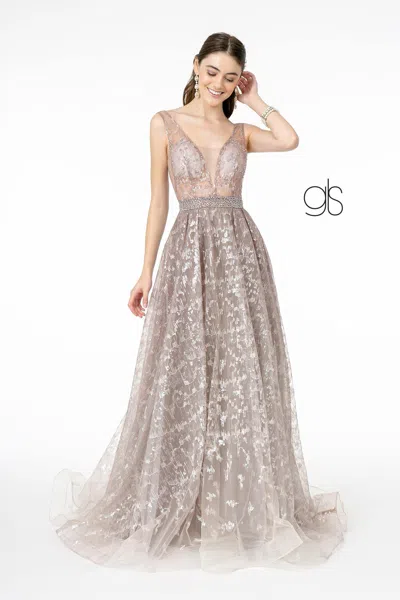 Gls Embroidered Illusion Mesh Long Prom Dress In Neutral
