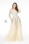 Gls Embroidered Mesh A-line Long Prom Dress In Gold