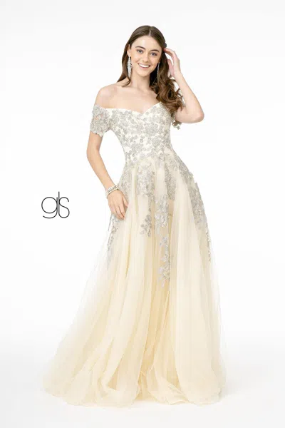 Gls Embroidered Mesh A-line Long Prom Dress In Gold