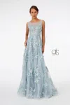 Gls Embroidered Mesh A-line Long Prom Dress In Blue