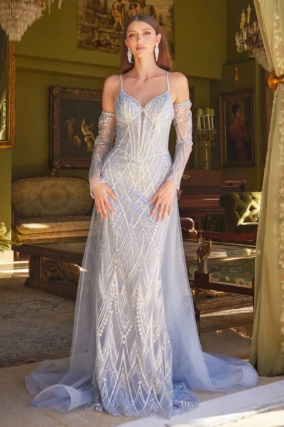 Gls Fitted Long Formal Glitter Overskirt Prom Dress In Blue