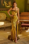 Gls Fitted Long Formal Pleated Corset Metallic Prom Dress In Gold