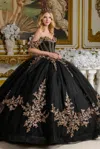 Gls Floral Ball Gown Long Quinceanera Sequin Dress In Black
