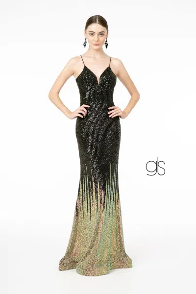 Gls Full Sequin Spaghetti Strap Long Prom Dress In Black