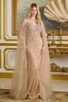 Gls Gl3665 Long Formal Beaded Sequin Fitted Evening Dress In Neutral