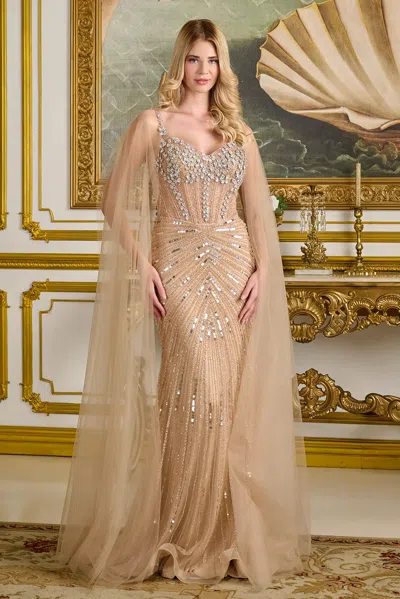 Gls Gl3665 Long Formal Beaded Sequin Fitted Evening Dress In Neutral