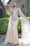 Gls Gl3666 Cape Long Formal Beaded Sequin Fitted Dress In Neutral