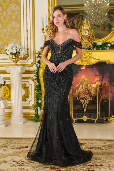 Gls Gl3667 Corset Long Formal Beaded Sequin Prom Dress In Black