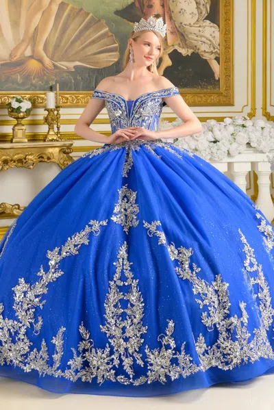 Gls Gl3672 Glitter Long Beaded Sequin Ball Gown Quinceanera Dress In Blue