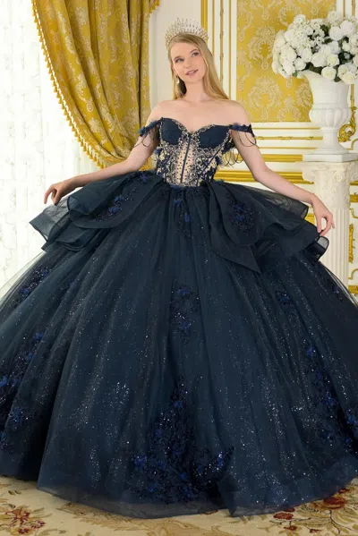 Gls Gl3676 Ball Gown Long Applique Glitter Quinceanera Dress In Blue