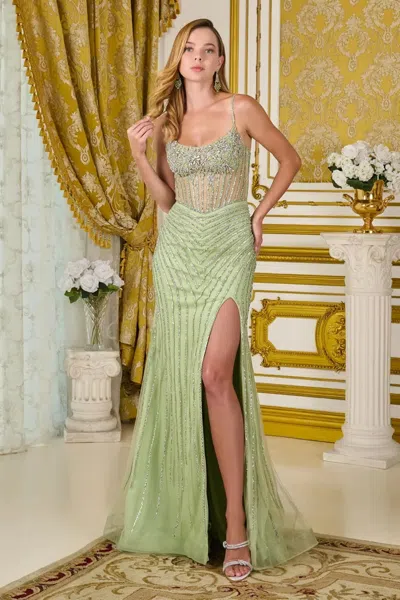 Gls Gl3703 Long Formal Fitted Glitter Evening Prom Dress In Green